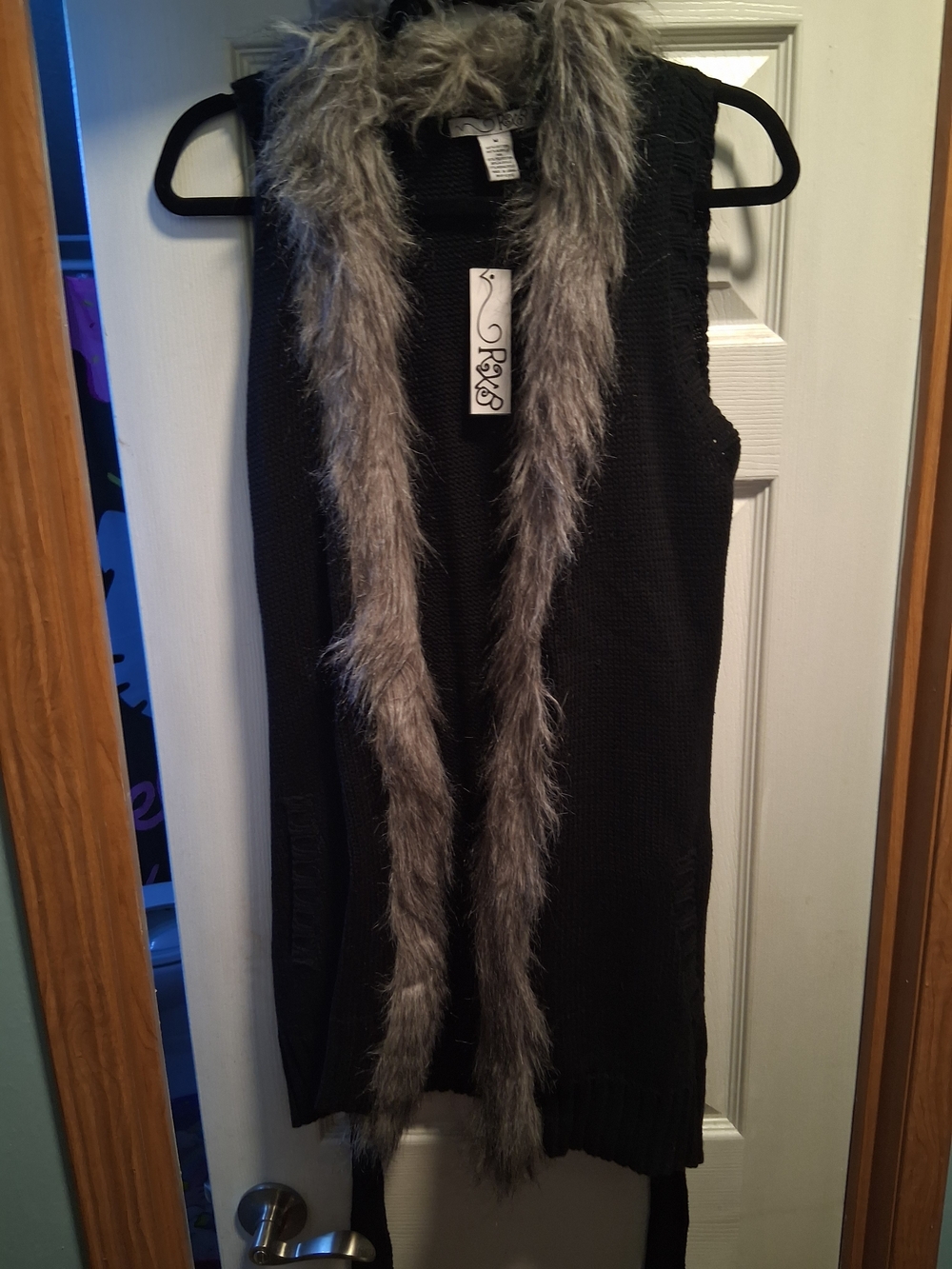 Black Knit Vest with Gray Faux Fur Collar